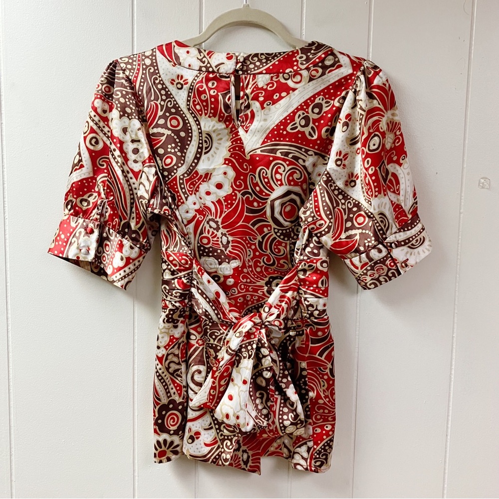 Y2K BCBGMAXAZRIA Floral Blouse Satin Puff Sleeve SZ Medium Whimsical Feminine - Picture 5 of 11